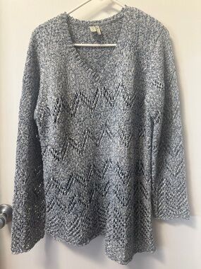 Sahalie Light Blue Marled V-Neck Openwork Knit Sweater